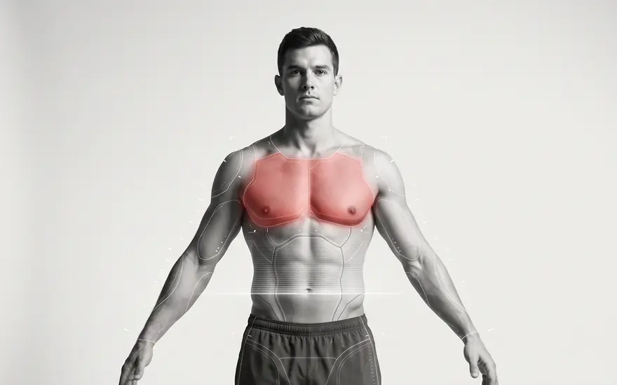 Black-and-white photo of an athlete in a calibration pose, with a red armour plate mapped over the upper chest.